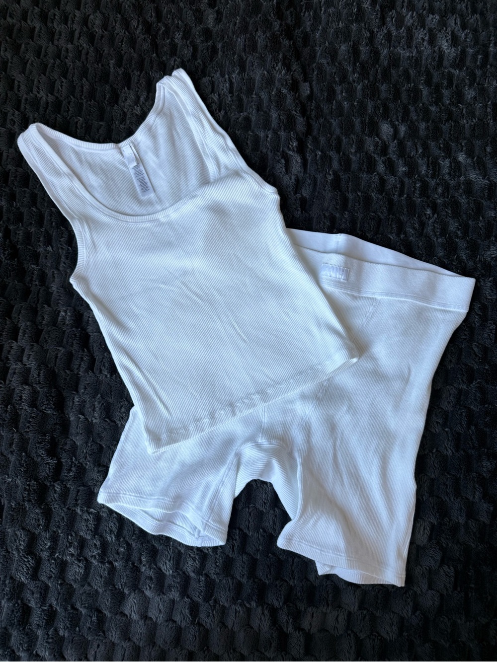 Women's White Ribbed Tank & Biker Short Set - White